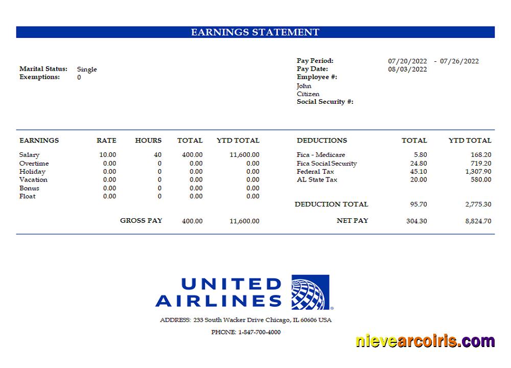 USA United Airlines Holdings airlines company pay stub